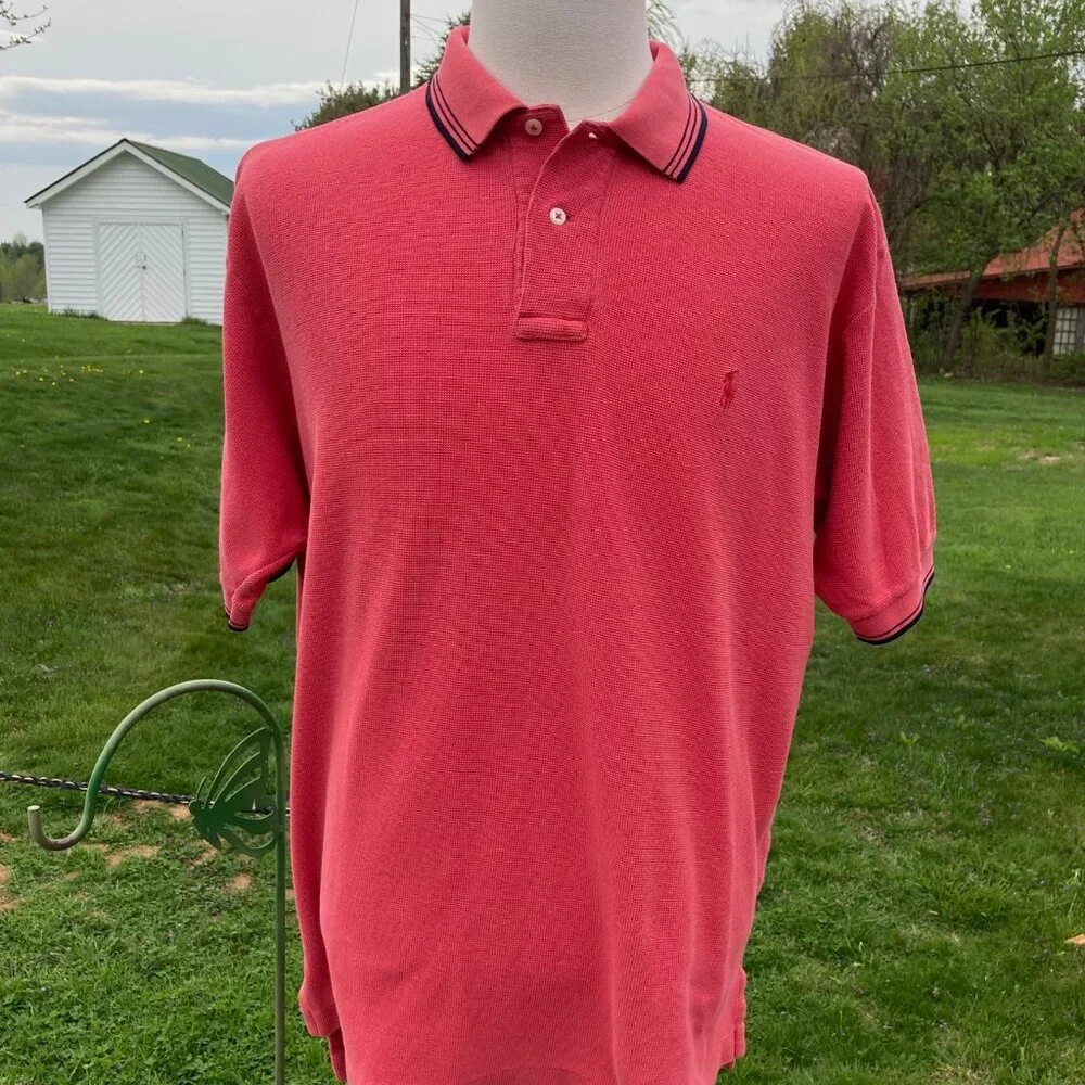 Polo by Ralph Lauren Polo Shirt Coral with Navy Collar Striping Men's Size XL